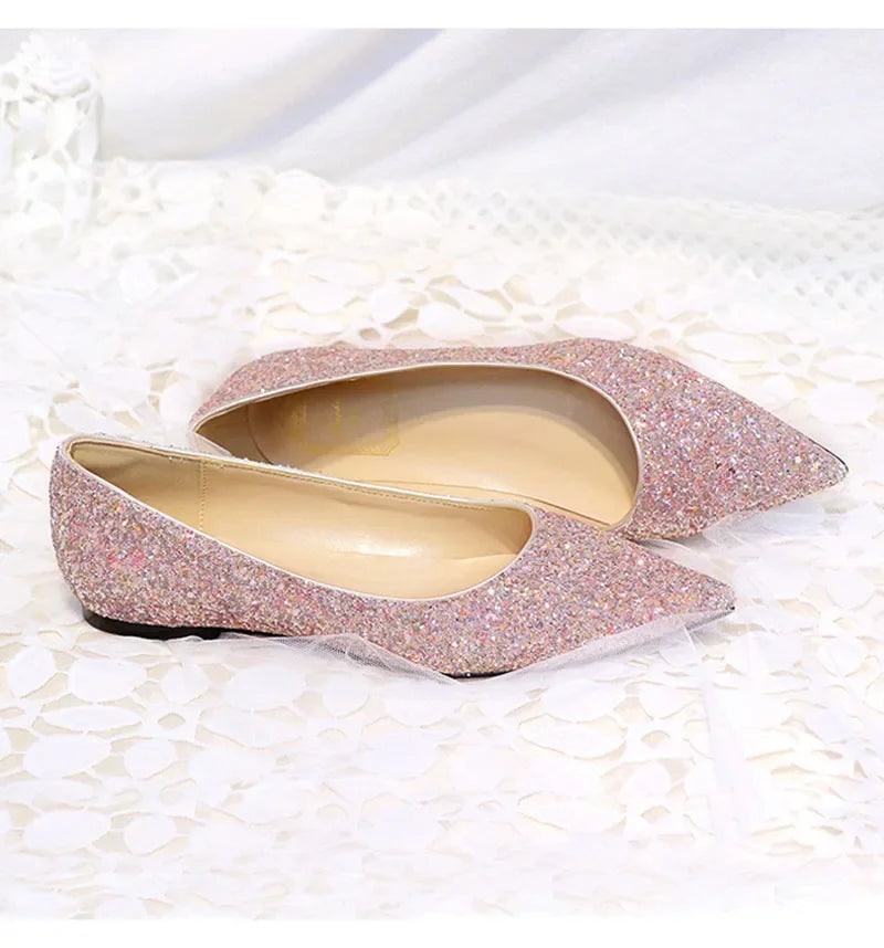 New Fashion Women Flats Pointed toe Brand Ladies Bling Shoes Flat Elegant Pink Gold Silver Big Size 42 DX084