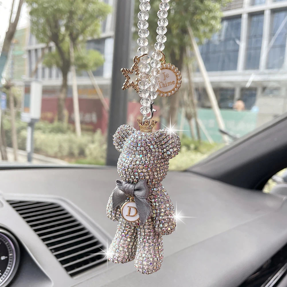 Cartoon Diamond Crystal Bow  Bear Car Pendant Mirror Hanging Ornaments Bling Car Interior Decoration Women Accessories