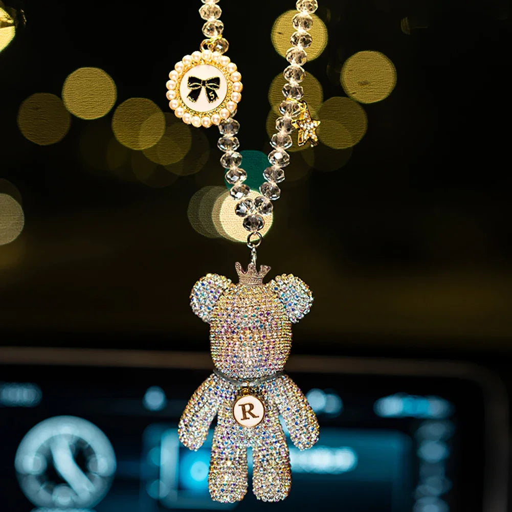 Cartoon Diamond Crystal Bow  Bear Car Pendant Mirror Hanging Ornaments Bling Car Interior Decoration Women Accessories