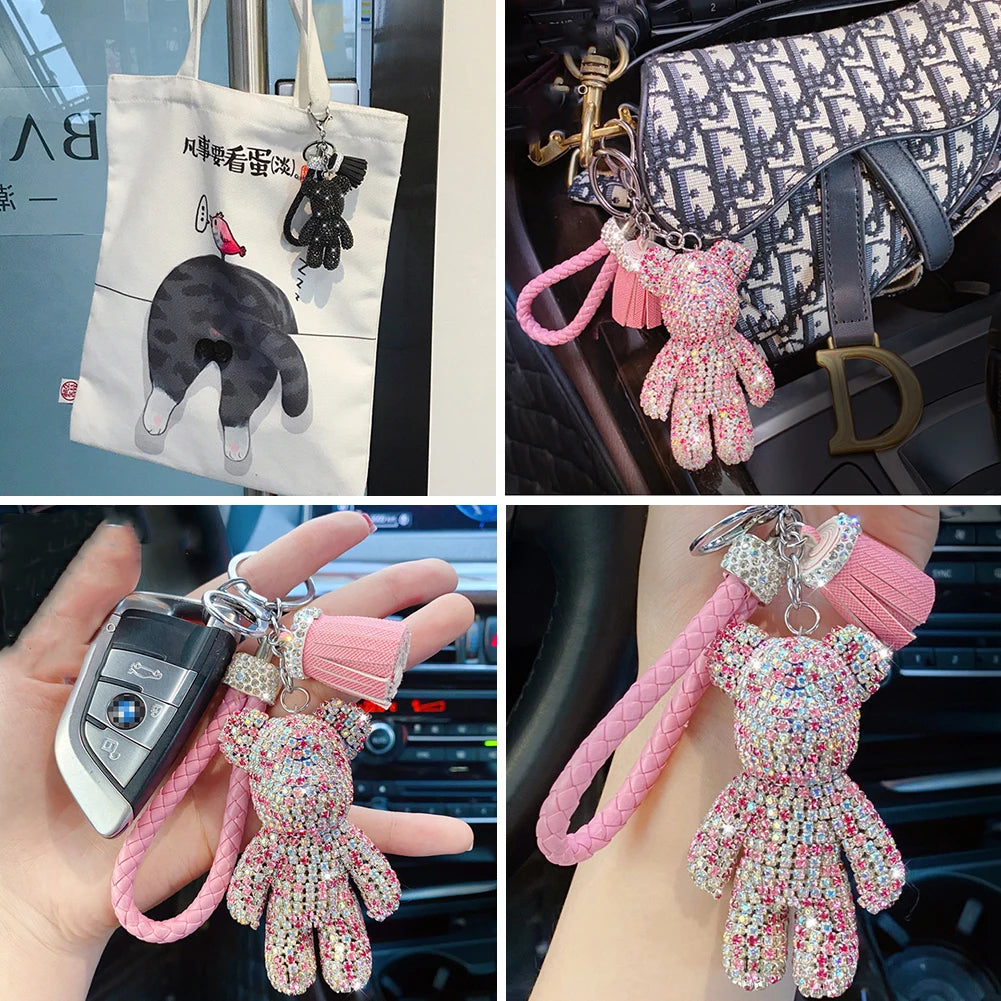 Cartoon Diamond Crystal Bow  Bear Car Pendant Mirror Hanging Ornaments Bling Car Interior Decoration Women Accessories