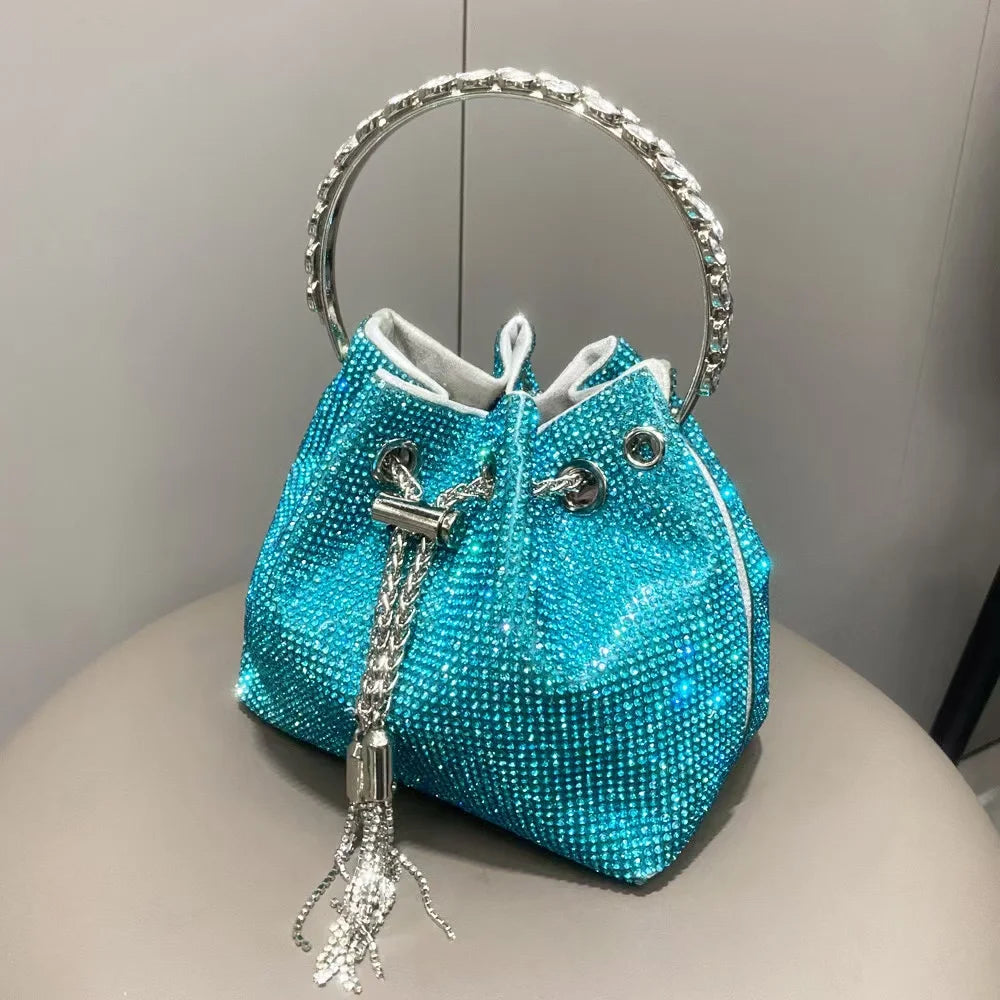 Luxury String Bucket Bag Crystal Shiny Rhinestones Diamond Evening Bag Women's Handbag Wedding Party Clutch Purse Crossbody Bag