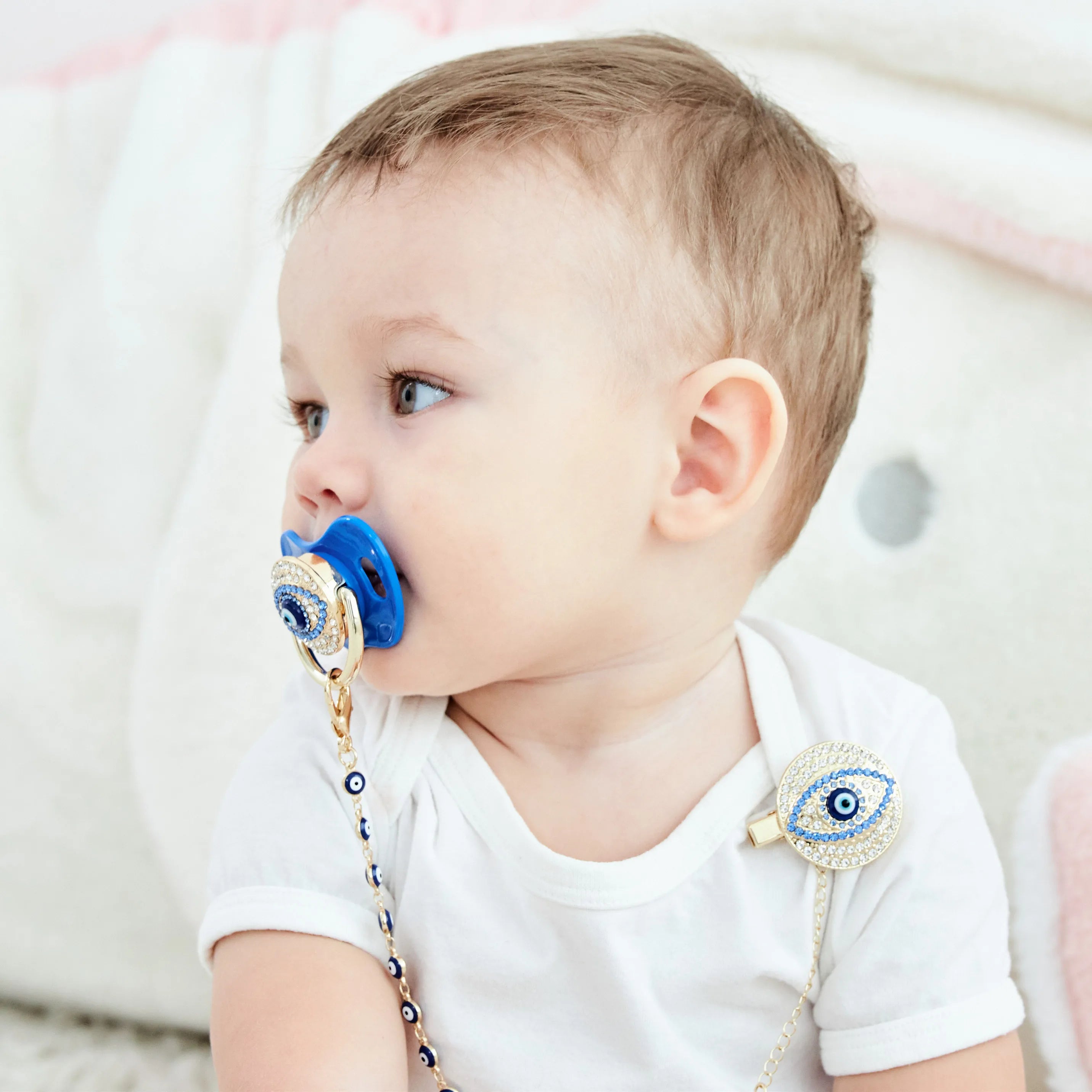 MIYOCAR blue Bling evil eye pacifier and clip set  chain holder bling colorful lovely    AEYE-C