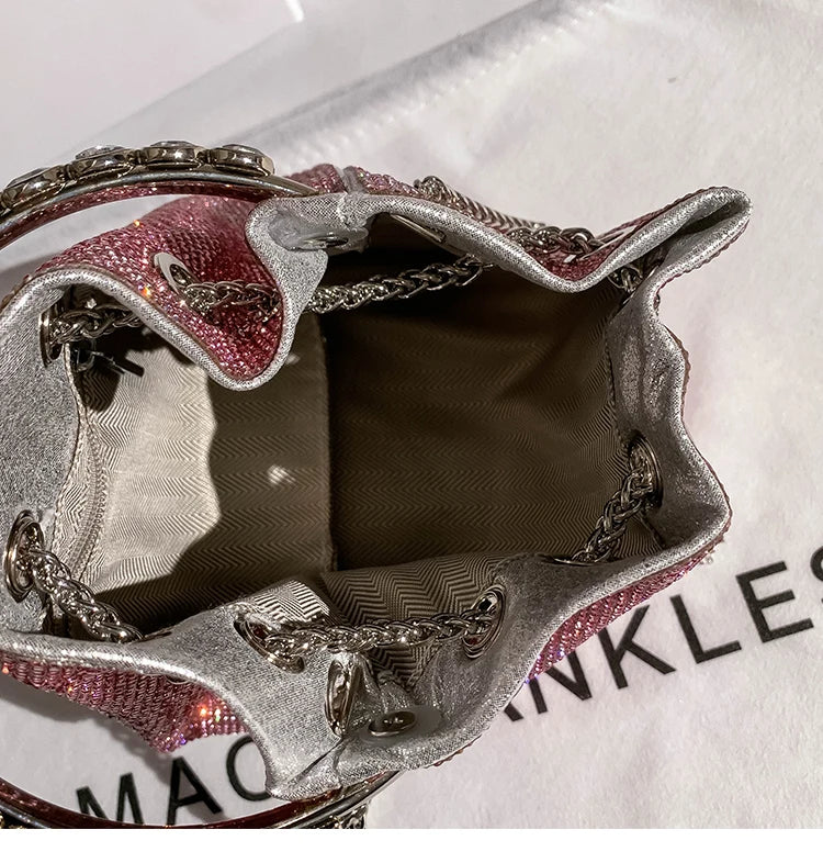 Luxury String Bucket Bag Crystal Shiny Rhinestones Diamond Evening Bag Women's Handbag Wedding Party Clutch Purse Crossbody Bag