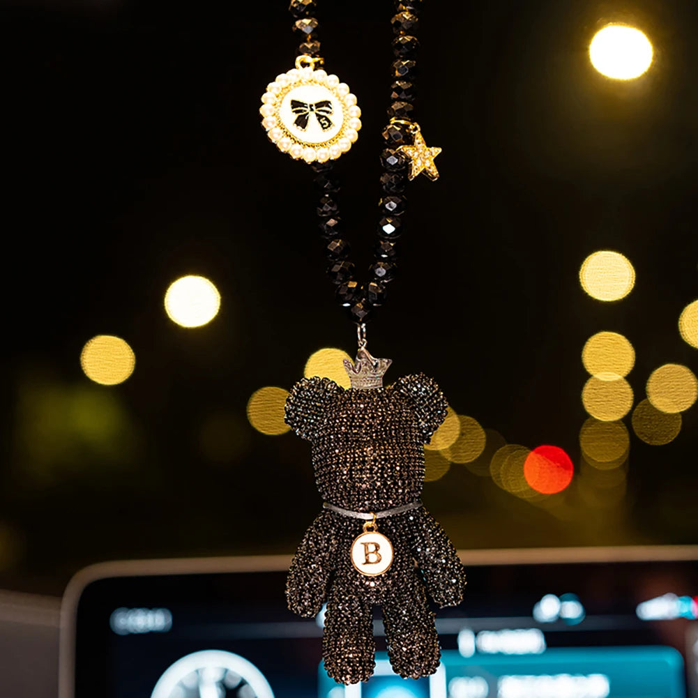 Cartoon Diamond Crystal Bow  Bear Car Pendant Mirror Hanging Ornaments Bling Car Interior Decoration Women Accessories