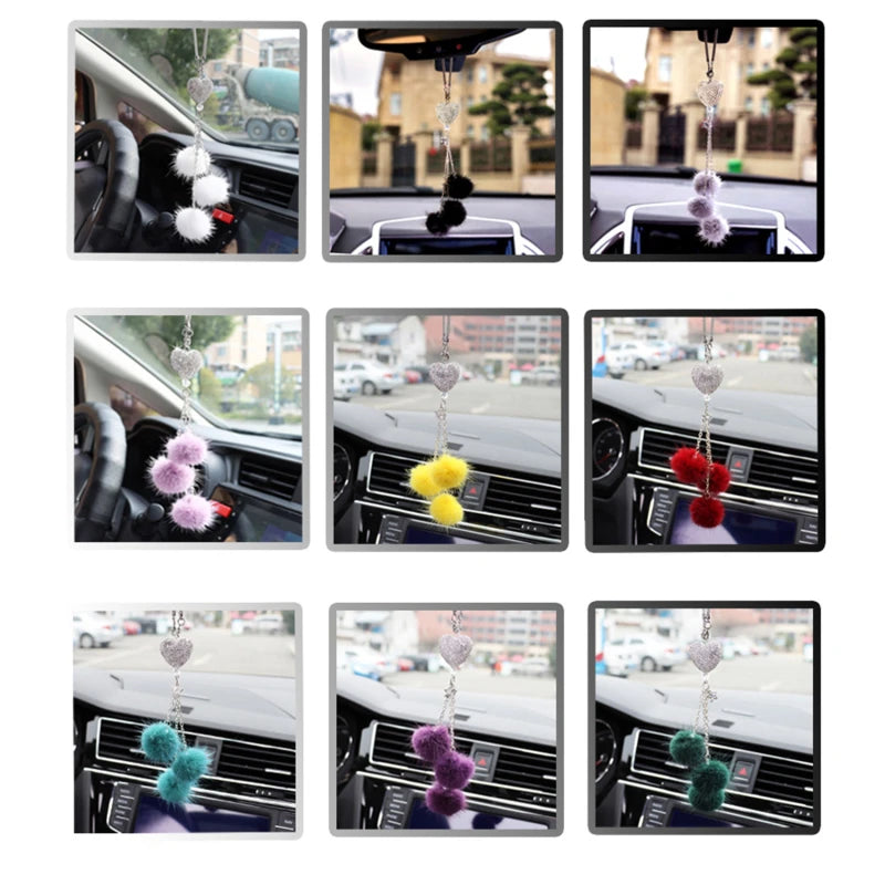 Rhinestone Crystal Plush Pendant Auto Rearview Mirror Ornament Bling Car Mirror Hanging Accessories Car Interior Decoration