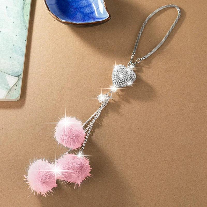 Rhinestone Crystal Plush Pendant Auto Rearview Mirror Ornament Bling Car Mirror Hanging Accessories Car Interior Decoration