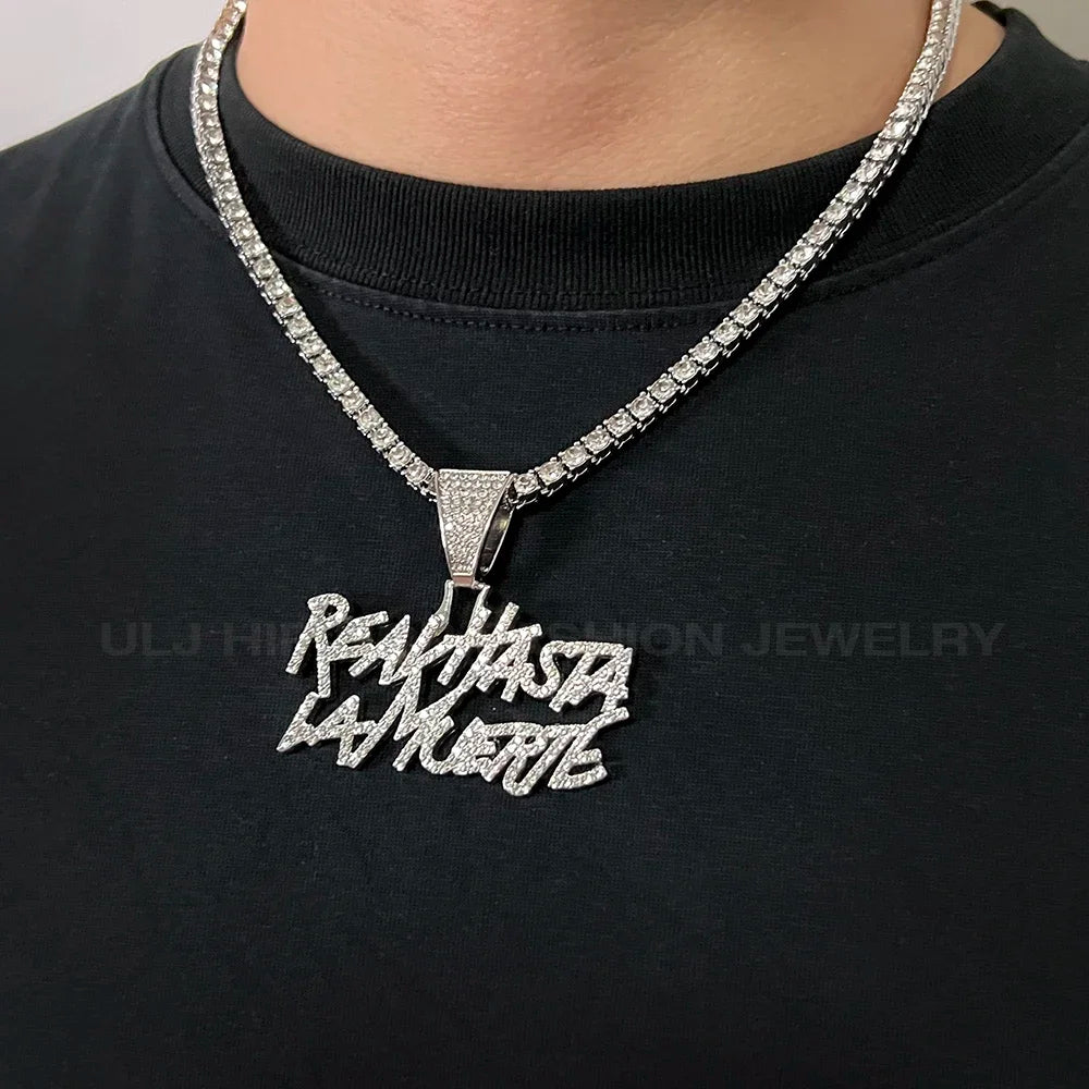 Hip Hop Street Style realhasta lamuerte Letter Bling Pendant Necklace 4mm Bling chain Iced out Bling For Rapper Cool Jewelry