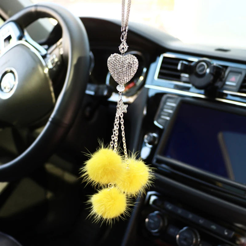 Rhinestone Crystal Plush Pendant Auto Rearview Mirror Ornament Bling Car Mirror Hanging Accessories Car Interior Decoration