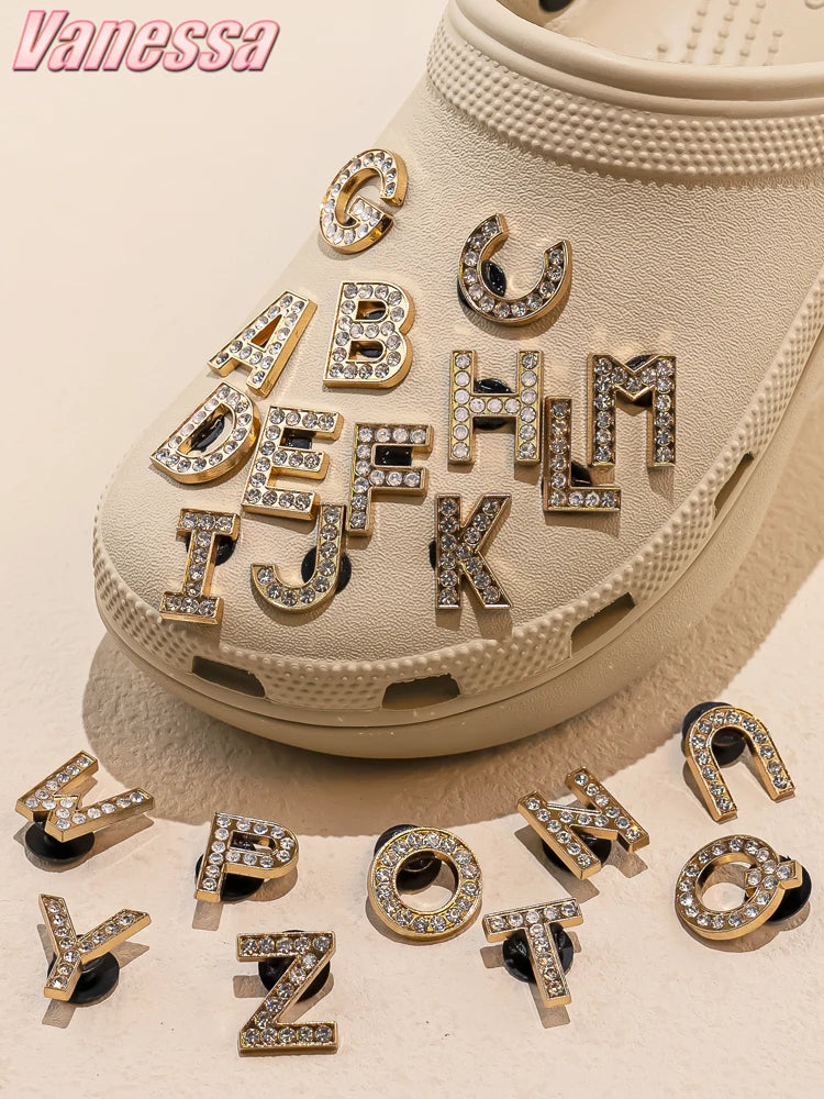 1pcs Letters Luxury Shoe Charms Alphabet Shoe Decorations Pins for Sandals Women Girls Gifts Bling Accessories