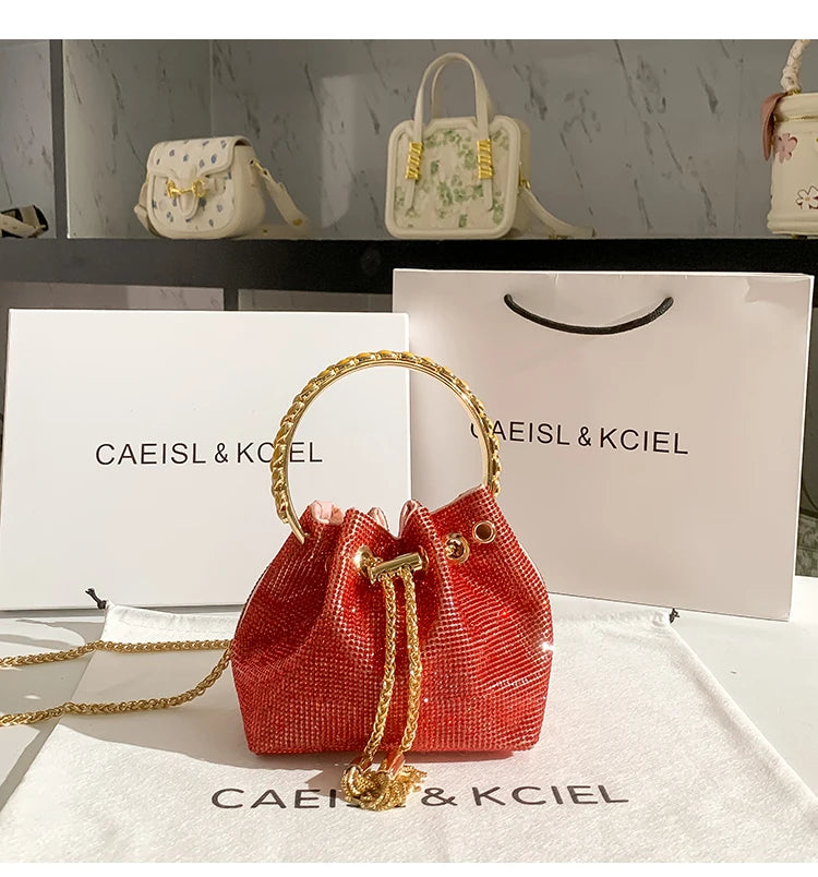 Luxury String Bucket Bag Crystal Shiny Rhinestones Diamond Evening Bag Women's Handbag Wedding Party Clutch Purse Crossbody Bag