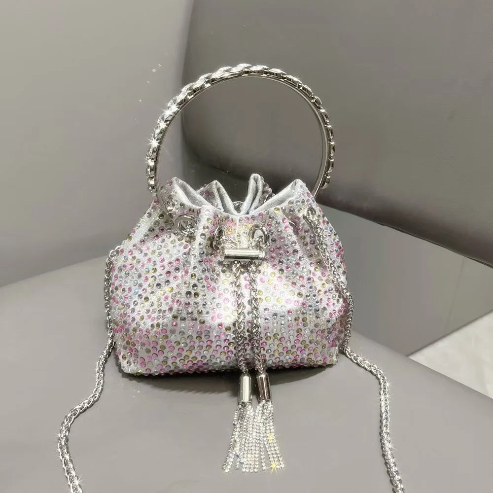 Luxury String Bucket Bag Crystal Shiny Rhinestones Diamond Evening Bag Women's Handbag Wedding Party Clutch Purse Crossbody Bag
