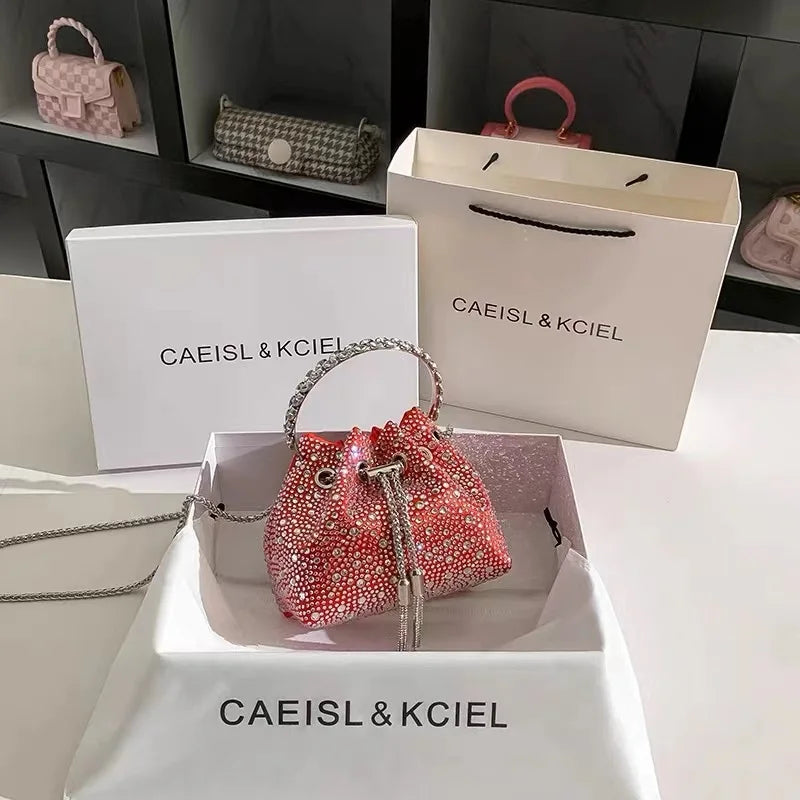 Luxury String Bucket Bag Crystal Shiny Rhinestones Diamond Evening Bag Women's Handbag Wedding Party Clutch Purse Crossbody Bag