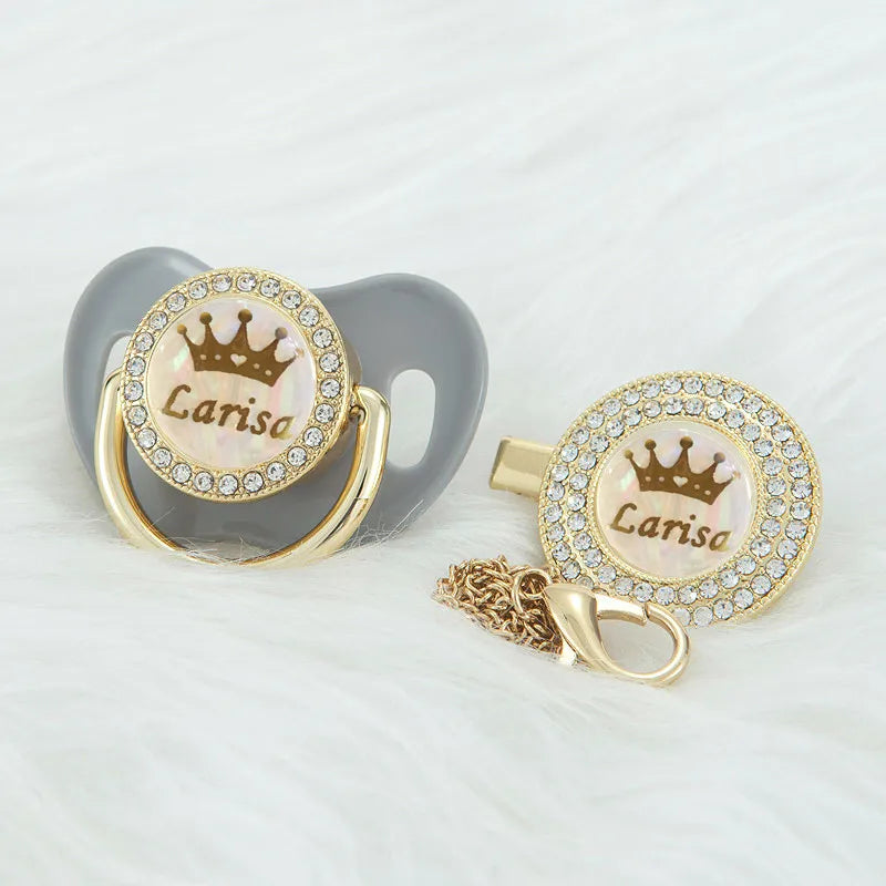 MIYOCAR Personalized Khaki bling crown name bling pacifier and pacifier clip BPA free dummy bling unique design PCG-1